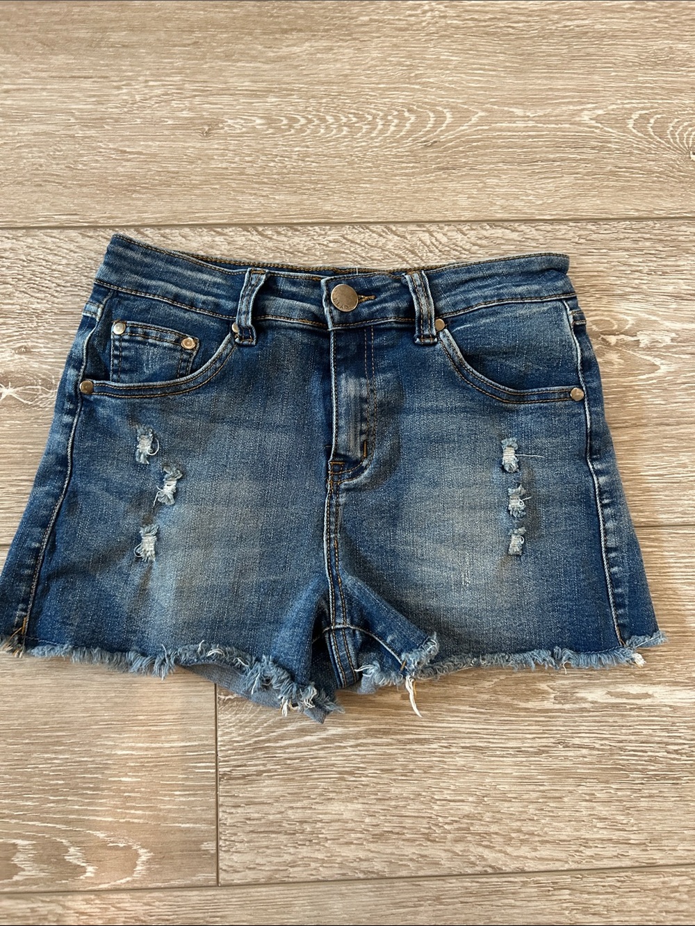 Elan Distressed Frayed Hem Denim Shorts - Blue